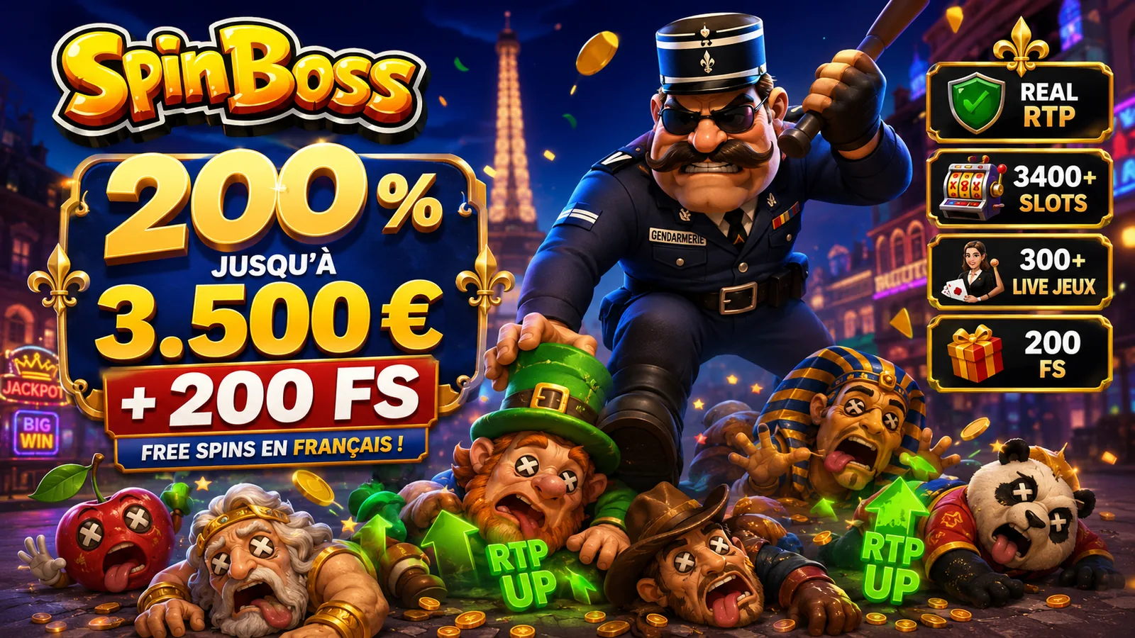 Bonus SpinBoss casino 150% jusqu'à 3000€ + 250 tours gratuits